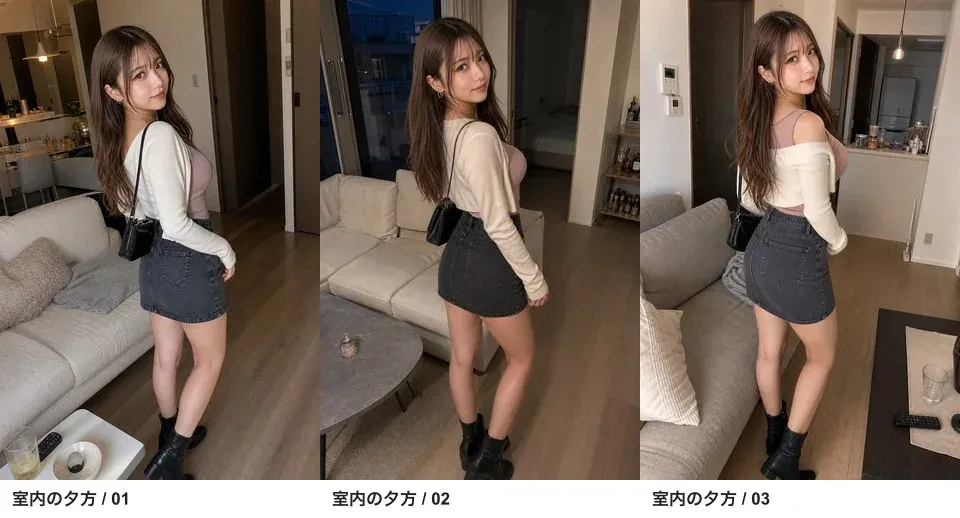 夕方の室内で振り返る同じ架空の成人女性を3回生成した比較