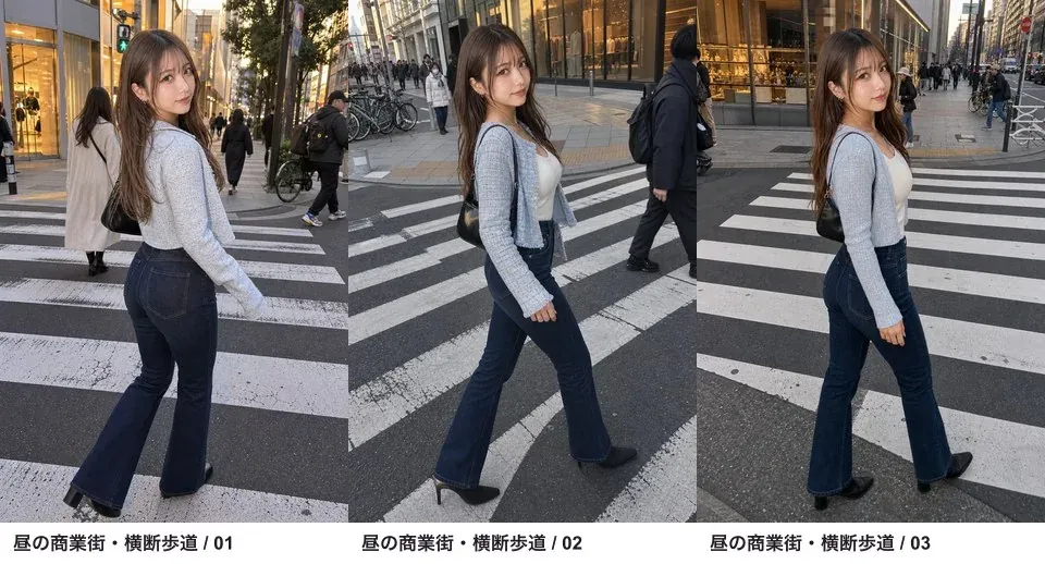 昼の商業街と横断歩道で振り返る同じ架空の成人女性を3回生成した比較