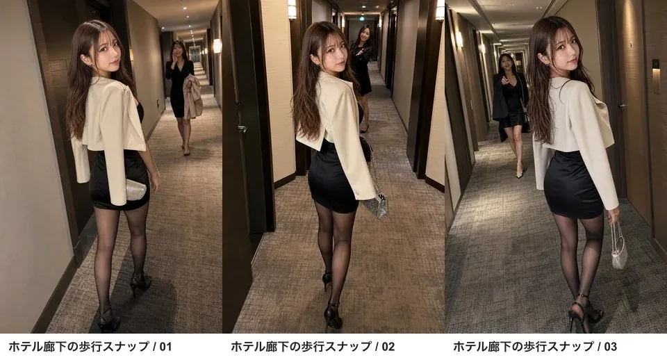 ホテル廊下を歩いて振り返る同じ架空の成人女性を3回生成した比較