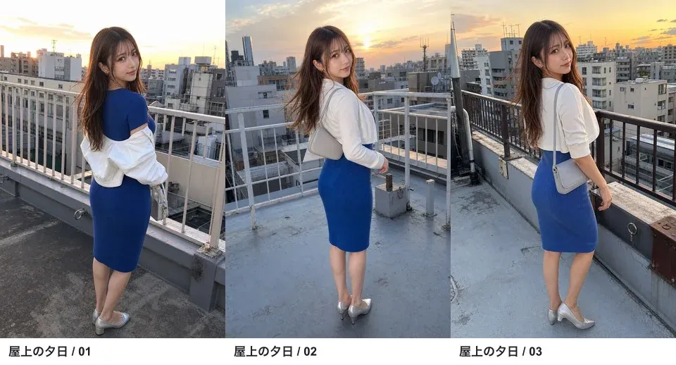 夕日の屋上で振り返る同じ架空の成人女性を3回生成した比較