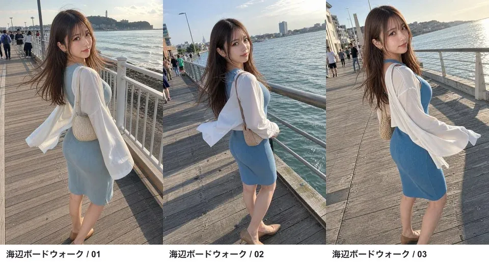 晴れた海辺の遊歩道で振り返る同じ架空の成人女性を3回生成した比較