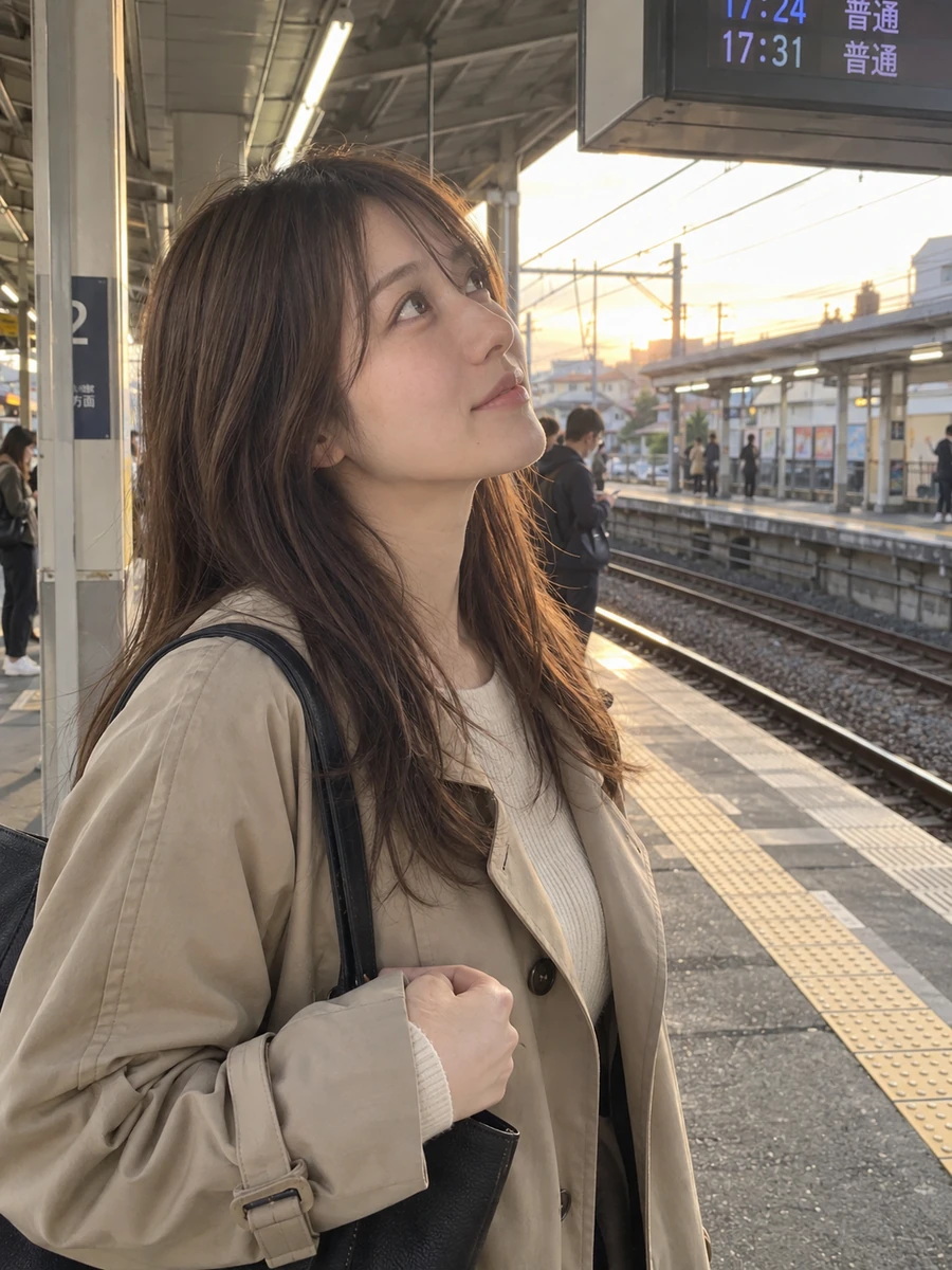 元画像1枚を直接参照して作った駅の写真。トレンチコート姿で掲示板を見上げ、口を閉じている