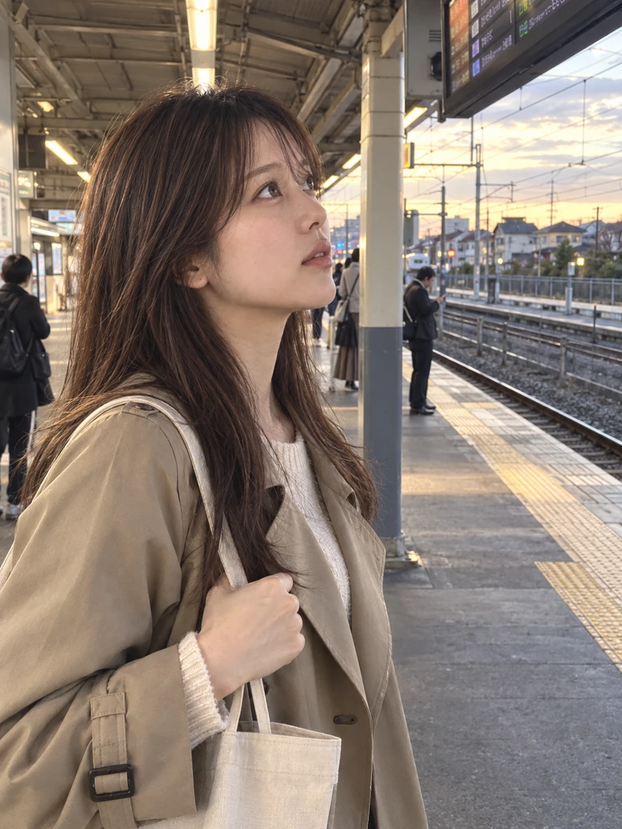 6カットシートを参照して作った駅の写真。同じAI女性が少し口を開き、夕方のホームで掲示板を見上げる