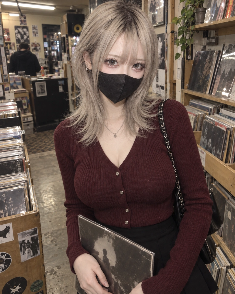 レコード店の背景編集後。全体が暖色寄りになり、持っているレコードの表面の細部も変わった