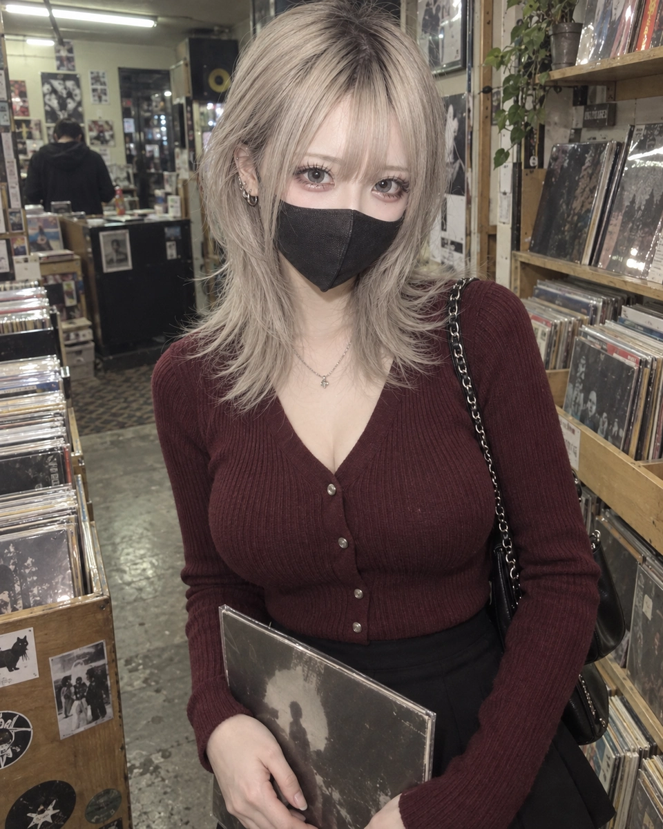 レコード店の編集前。黒いマスクとワイン色の服の女性が、棚の間でレコードを持っている