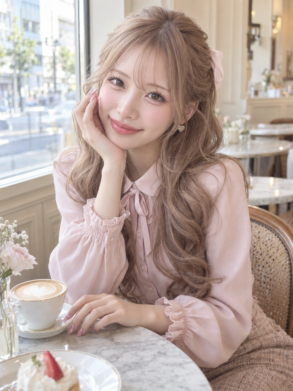 肌の編集前。明るいカフェの窓辺で、ピンクのブラウスを着た女性が頬に手を添える