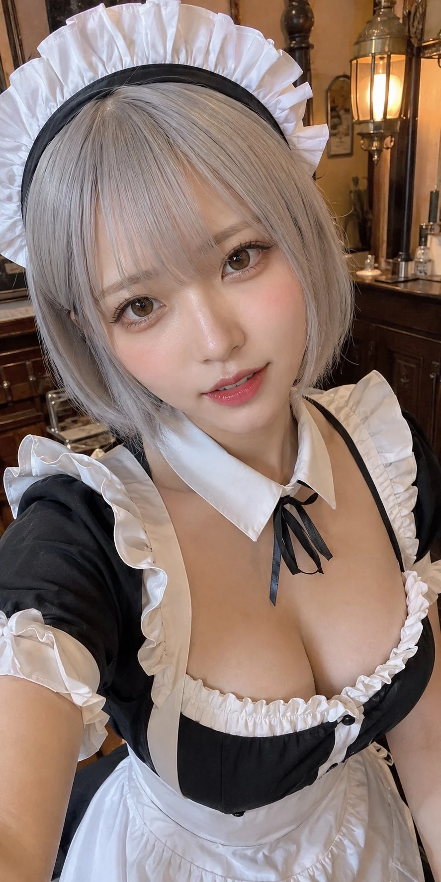 最初に表示された、胸元が開いた黒白メイド衣装の銀髪AI美女