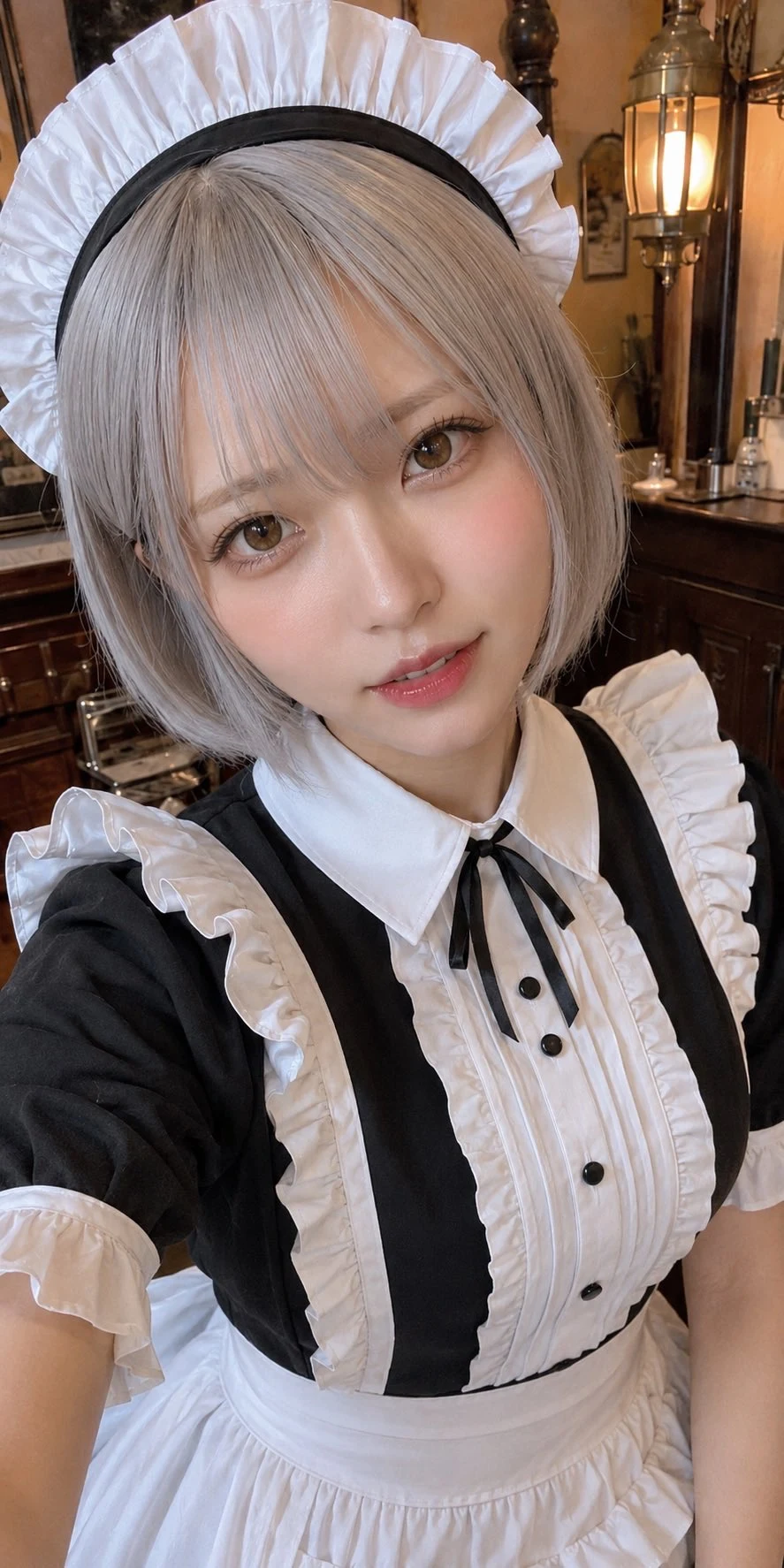 後から差し替わった、胸元が白い布で覆われた黒白メイド衣装の銀髪AI美女