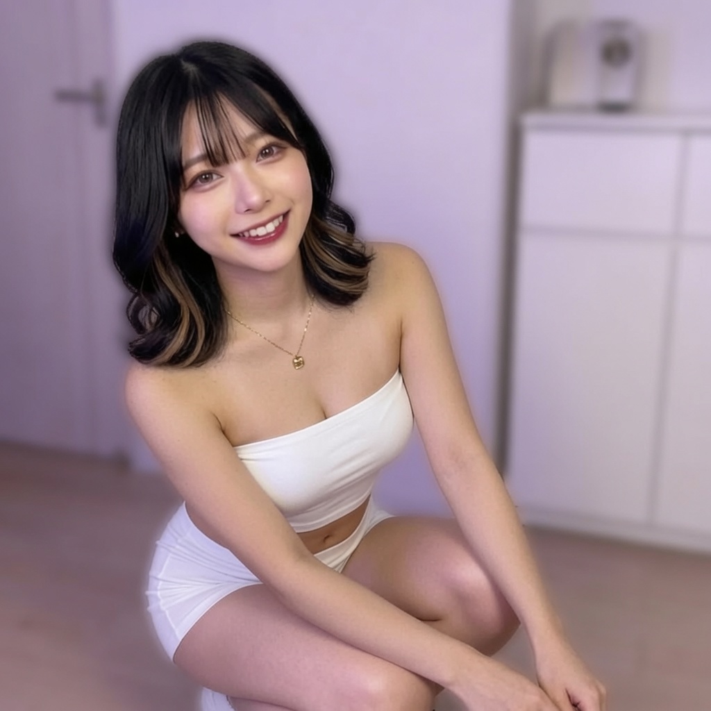 白いチューブトップとショートパンツ姿で座る、架空の成人女性のAI生成画像