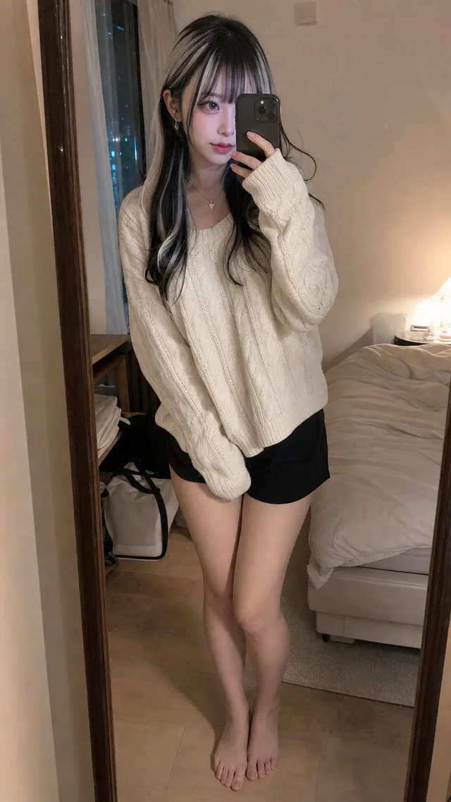 夜の寝室で、黒とシルバーのロングヘアに白いニットと黒いショートパンツを合わせた成人女性が鏡越しに撮影するAI生成のスマホ自撮り