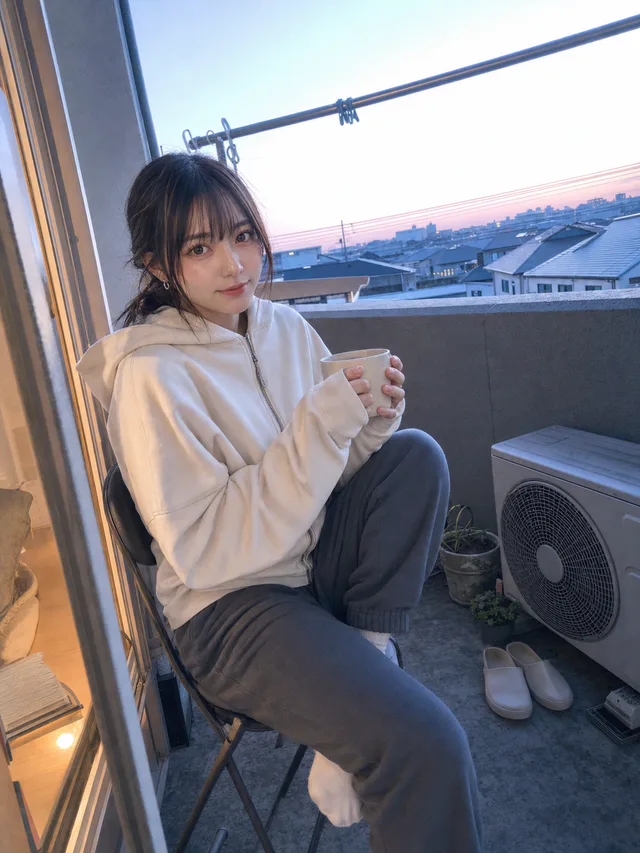 夜明けのマンションのベランダで、白いパーカーを着た成人女性がマグカップを両手で持つAI生成のタイマー写真