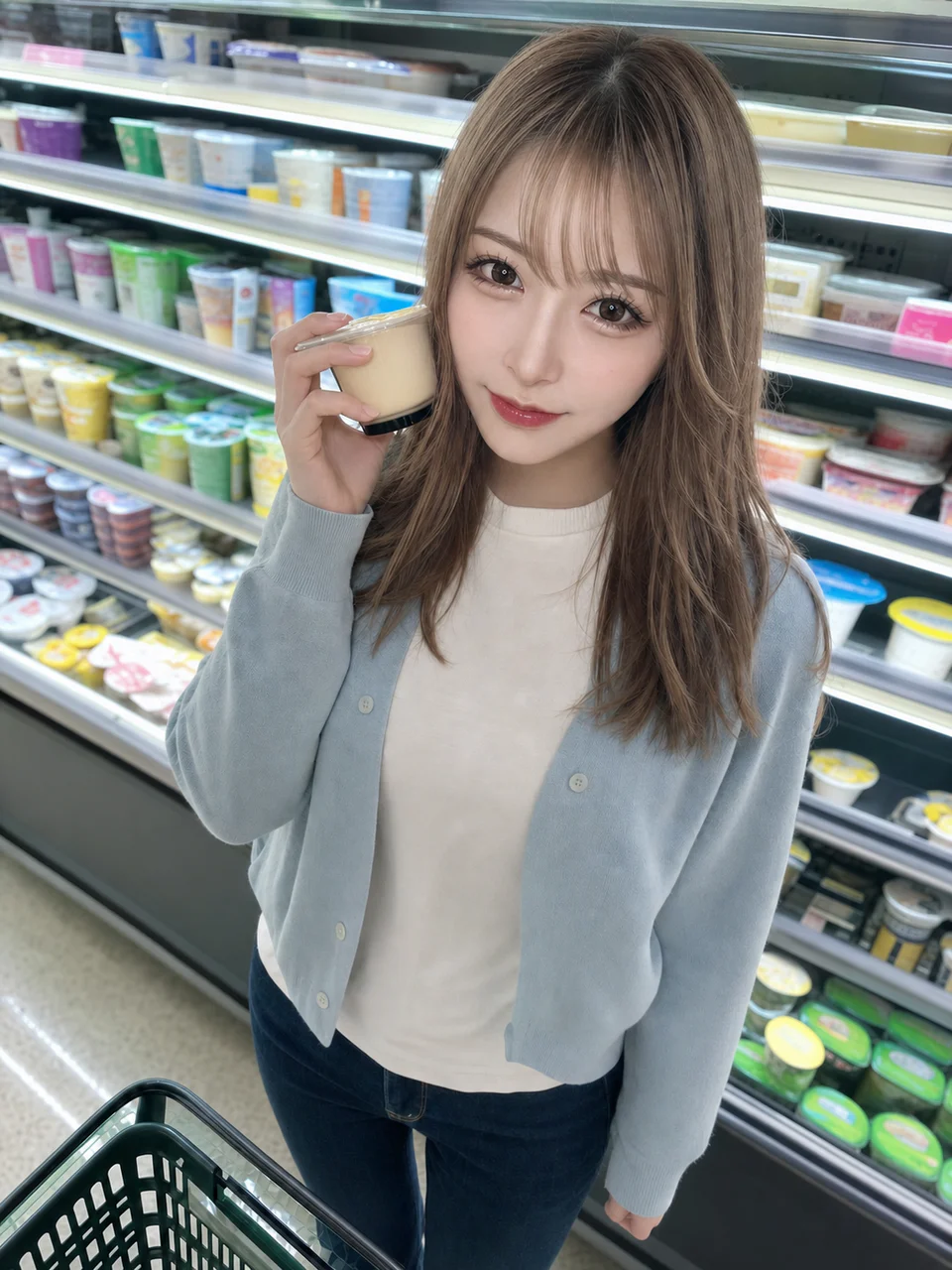 深夜のスーパーで、成人女性がプリンを頬の横に持って可愛く微笑むAI生成のスマホ写真