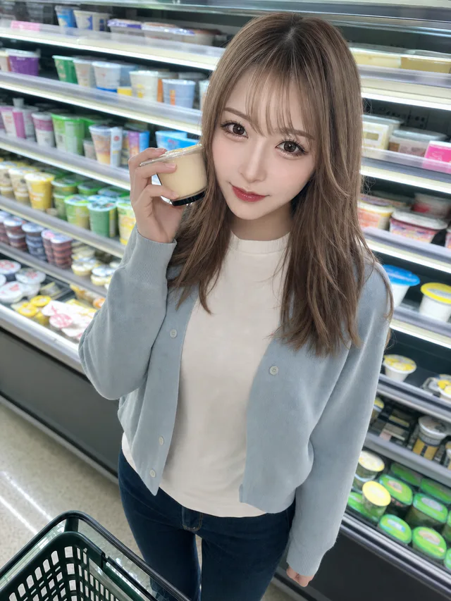 深夜のスーパーで、成人女性がプリンを頬の横に持って可愛く微笑むAI生成のスマホ写真