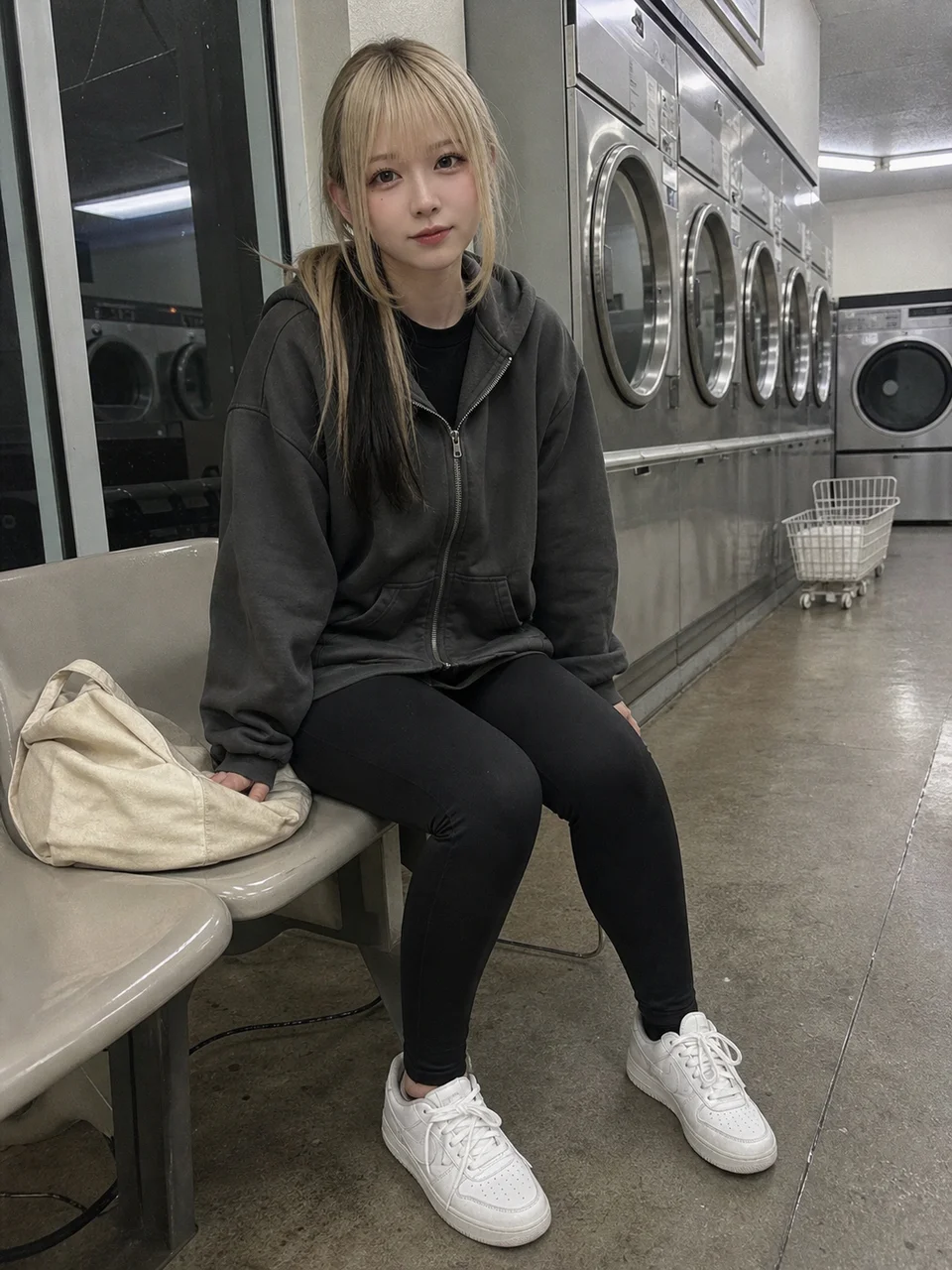 深夜のコインランドリーで、チャコールのパーカーと黒いレギンスを着たブロンドと黒髪の成人女性がベンチに座るAI生成のスマホ写真
