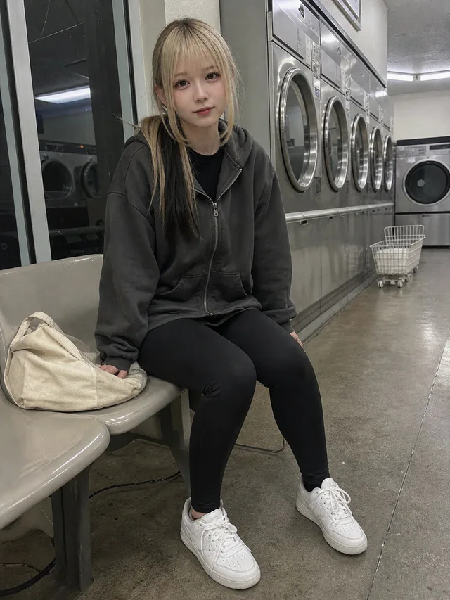 深夜のコインランドリーで、チャコールのパーカーと黒いレギンスを着たブロンドと黒髪の成人女性がベンチに座るAI生成のスマホ写真