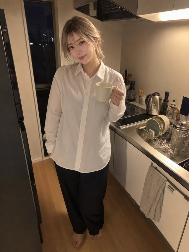深夜の小さなキッチンで、白いシャツと黒いルームパンツを着た成人女性がマグカップを持つAI生成のスマホ写真
