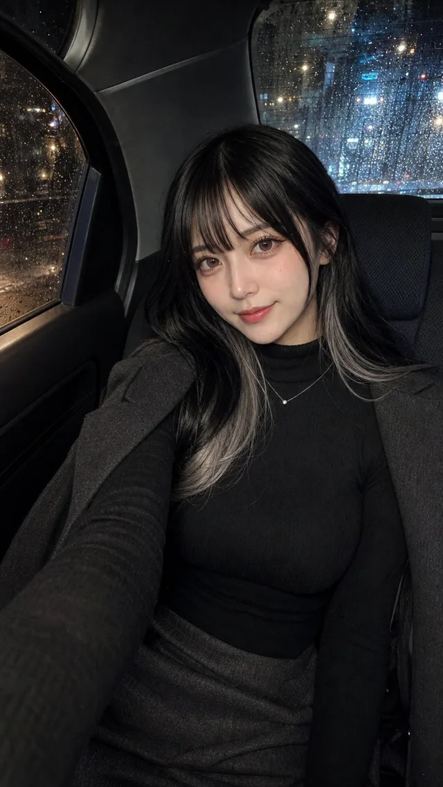 雨粒の付いた夜のタクシー車内で、黒いタートルネックを着た黒とシルバーの髪の成人女性が撮影するAI生成のスマホ自撮り