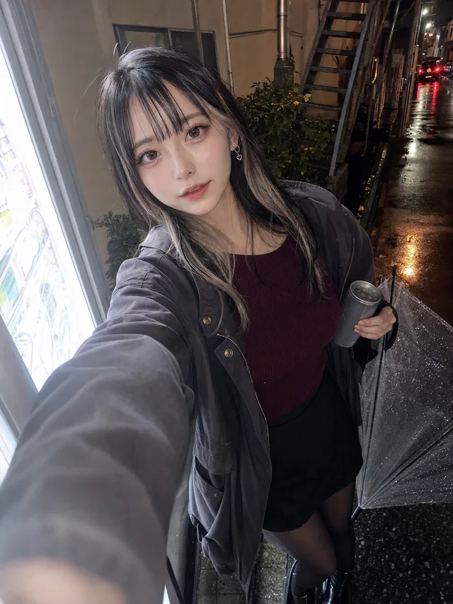 雨上がりの深夜、自販機の前で黒とアッシュの髪の成人女性が傘と缶を持って自撮りするAI生成写真