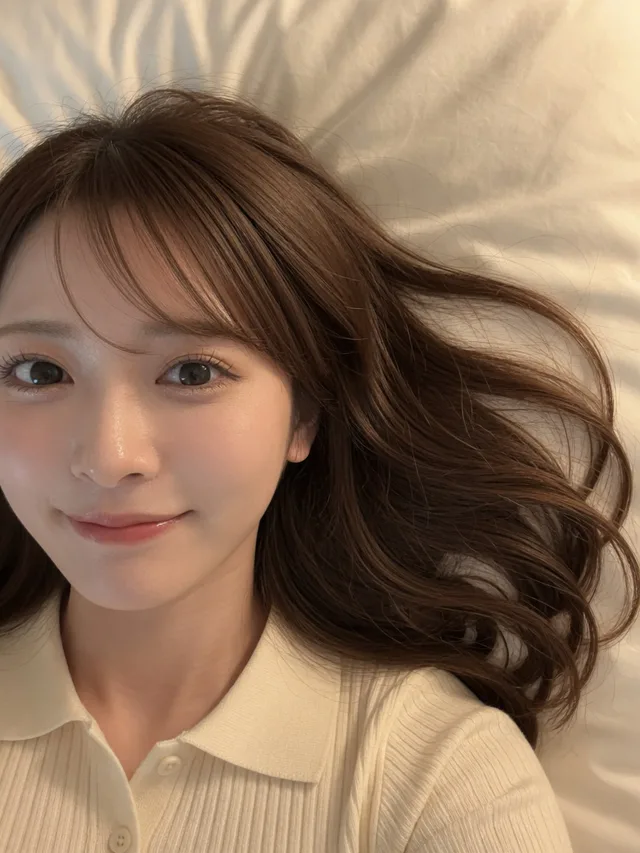 白いベッドで超近距離自撮りする茶髪の日本人女性