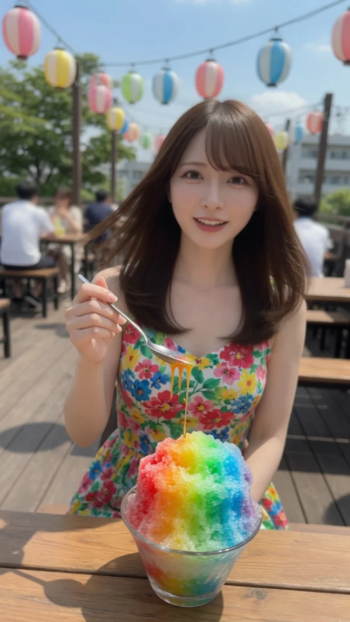 テラスで虹色かき氷とスプーンを持つブラウンロングの日本人女性。髪が動いている