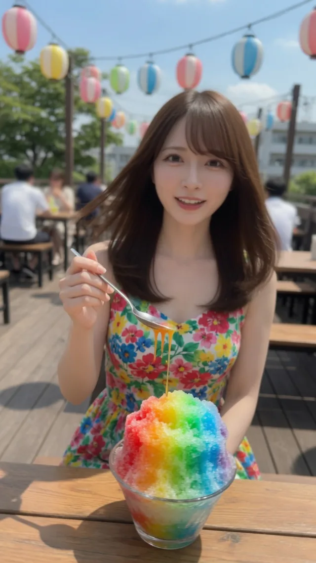 テラスで虹色かき氷とスプーンを持つブラウンロングの日本人女性。髪が動いている