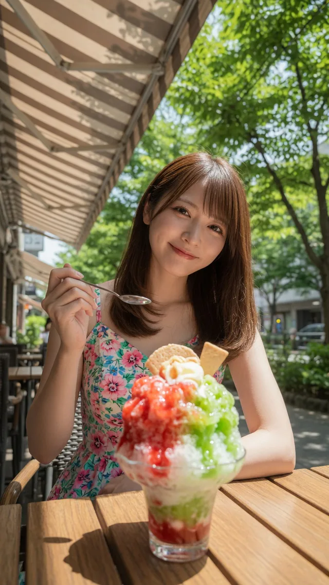 かき氷のあるテラス席を低位置から見た茶髪の日本人女性