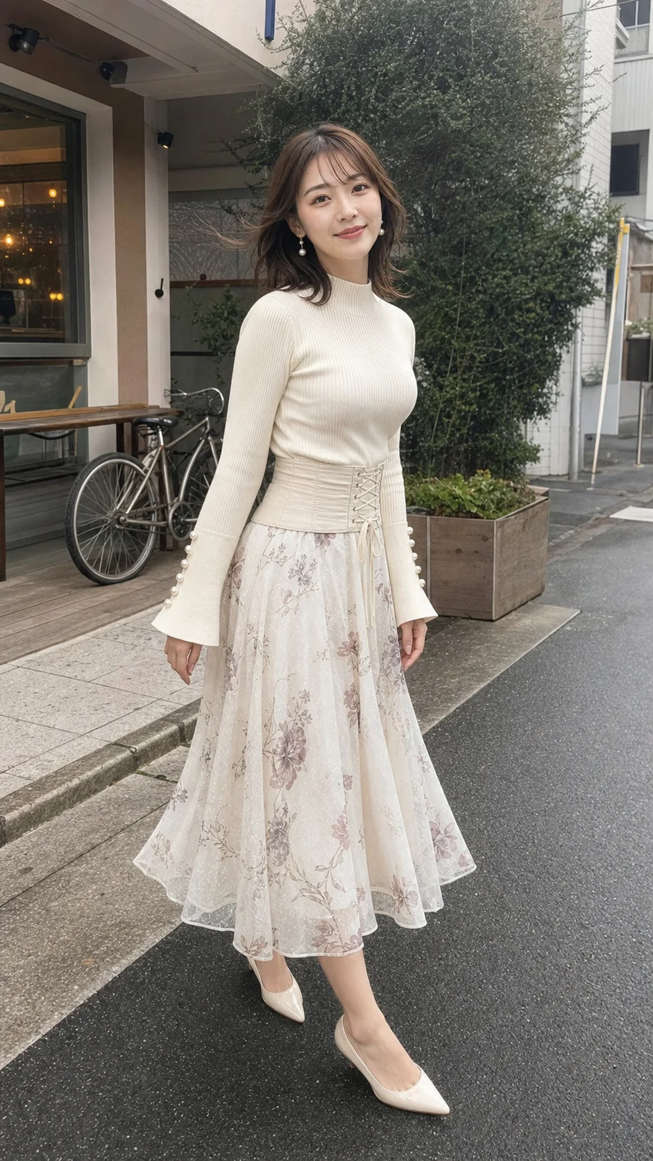 カフェ前の歩道で、パールボタン付きフレアスリーブニットと花柄メッシュスカートを着た成人女性の自然なスマホスナップ風写真