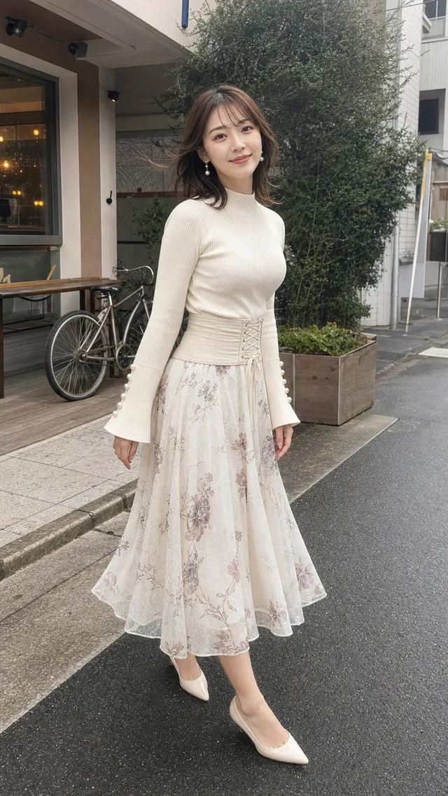 カフェ前の歩道で、パールボタン付きフレアスリーブニットと花柄メッシュスカートを着た成人女性の自然なスマホスナップ風写真