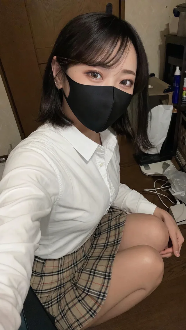 薄暗い生活感のある部屋で、黒いマスクと白いシャツ、チェック柄のスカートを着た成人女性がしゃがんでカメラを見つめるAI生成のスマホ自撮り画像