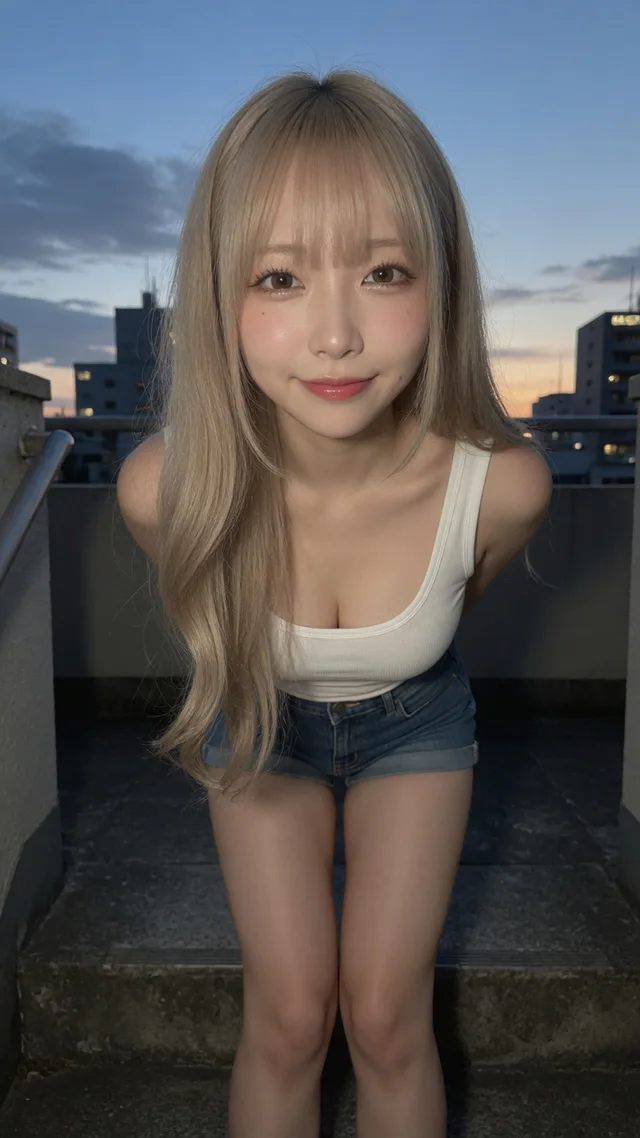 コンクリート階段を極端なローアングルで見上げたプラチナブロンドの日本人女性