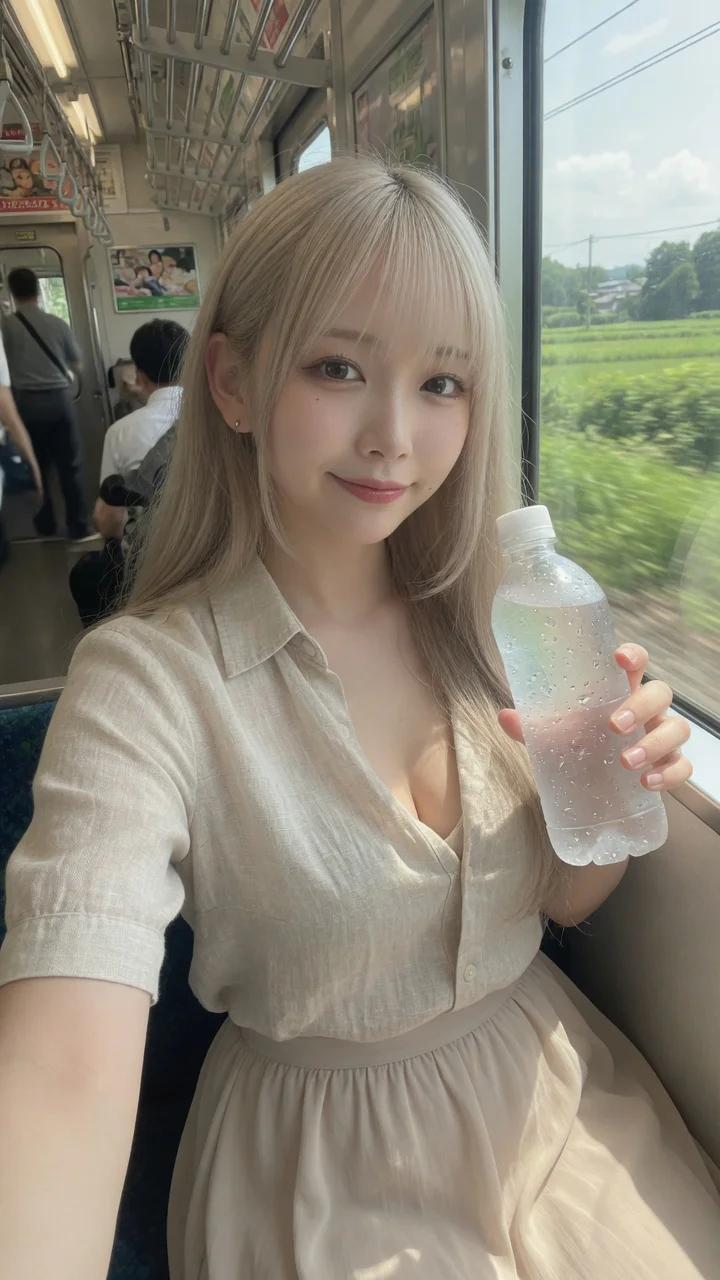 電車の窓際でペットボトルを持つプラチナブロンドの日本人女性。リネンの開襟シャツ