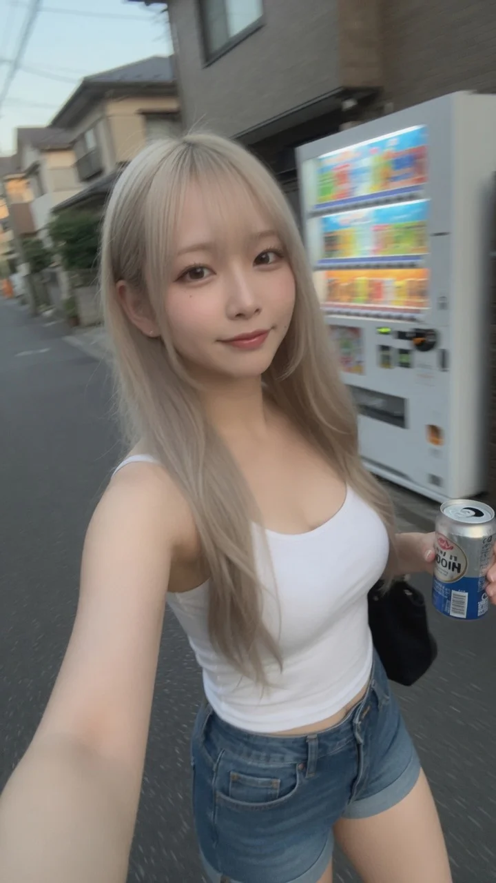 住宅街の自販機前で缶を持つプラチナブロンドの日本人女性。傾いたスマホ自撮り
