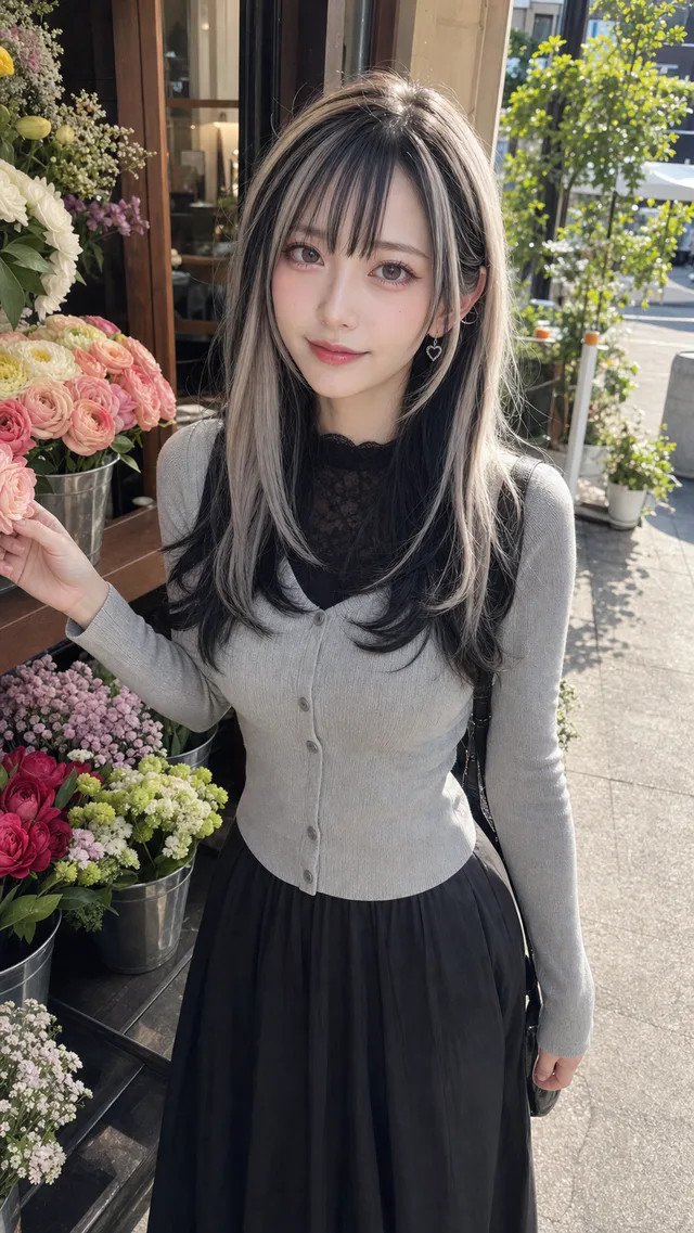 花屋の店先で、黒とシルバーのロングヘアにグレーのカーディガンを合わせた成人女性が花に手を添えるAI生成のスマホ写真風ポートレート