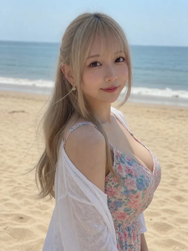 砂浜で振り返るプラチナブロンドの藤崎エマ。小花柄ワンピースと白い羽織、背景は海