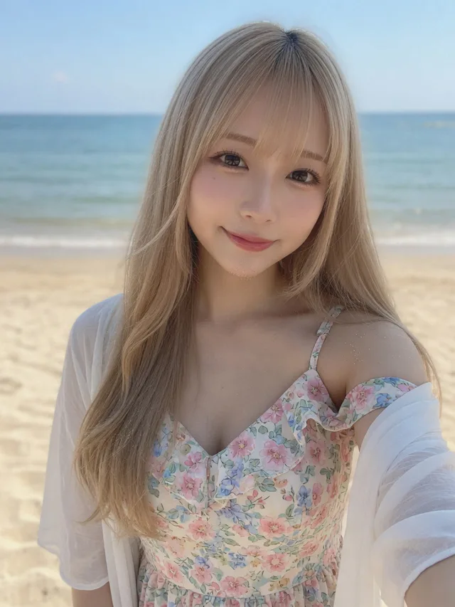 海辺で正面を向いて微笑むプラチナブロンドの藤崎エマ。小花柄ワンピースと白い羽織