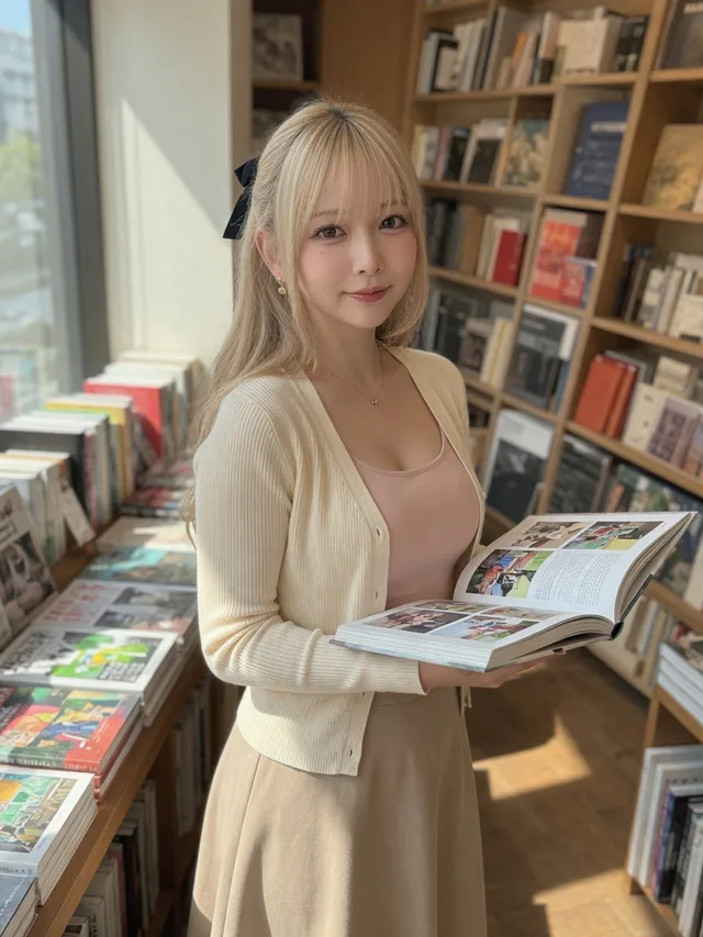デザイン書店で本を持ち微笑むプラチナブロンドの藤崎エマ。クリームのカーディガンとピンクのキャミ