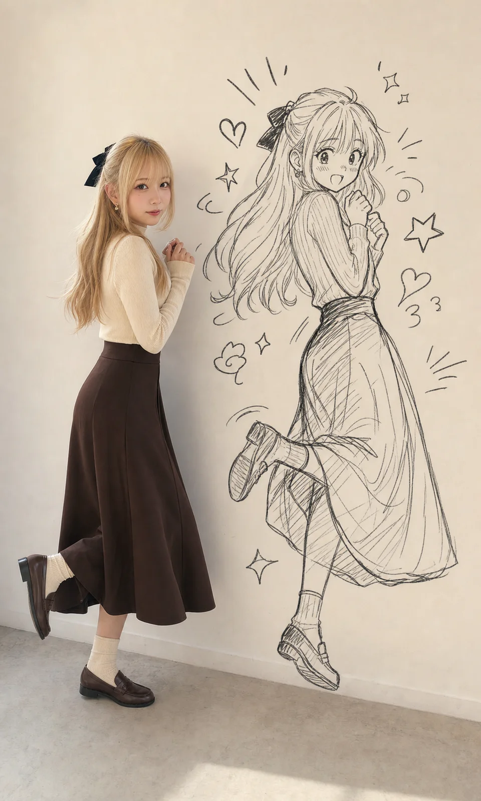 クリーム色のトップスと濃いブラウンのスカート姿で逃げかける藤崎エマと、壁に描かれた黒いドゥードル・シャドウ