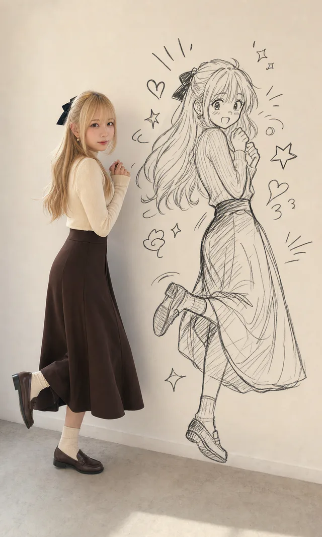 クリーム色のトップスと濃いブラウンのスカート姿で逃げかける藤崎エマと、壁に描かれた黒いドゥードル・シャドウ