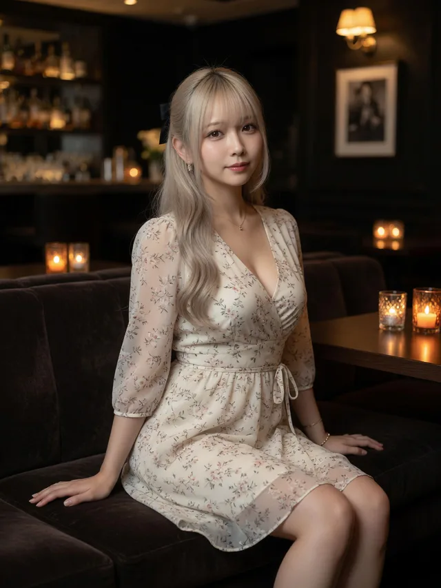 暗いラウンジのソファに座り、プラチナブロンドに黒リボン、アイボリー小花柄ワンピース姿の藤崎エマ。右にキャンドル