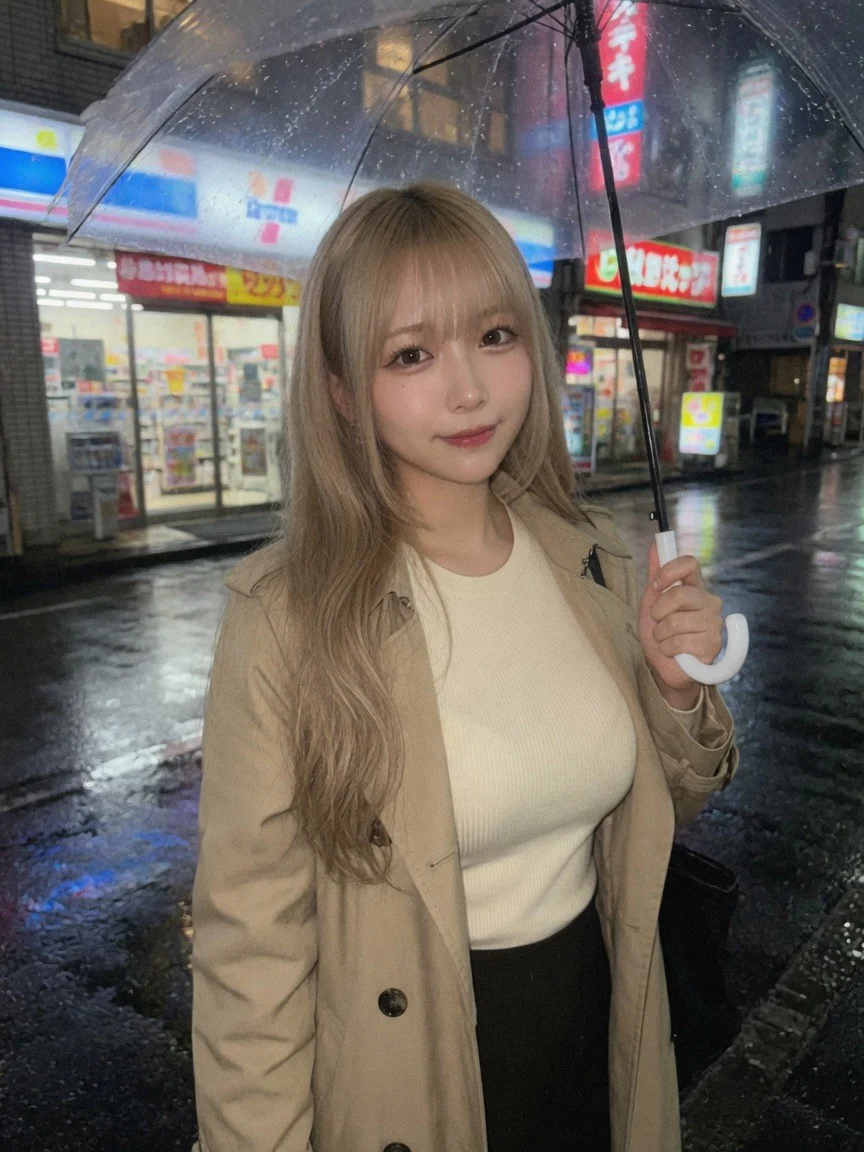 雨の夜に透明傘をさすプラチナブロンドの藤崎エマ。ベージュのトレンチコート
