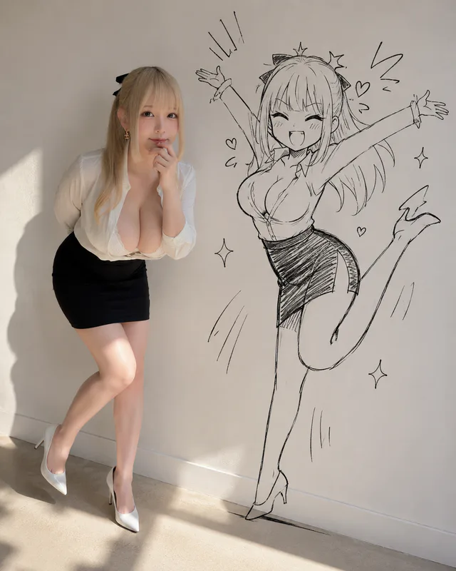 人物+イラストのツーショット。架空の成人キャラクター「藤崎 エマ」のポートレート