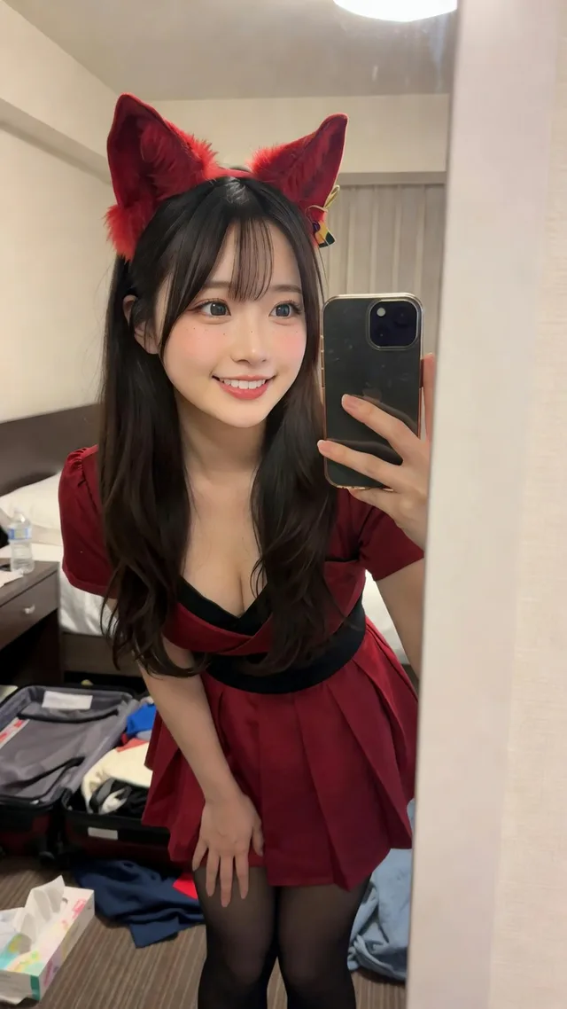 ホテルの鏡の前で、赤い狐耳カチューシャと赤いコスプレ衣装を着た可愛い成人日本人女性がスマートフォンで微笑みながら自撮りしているAI生成画像