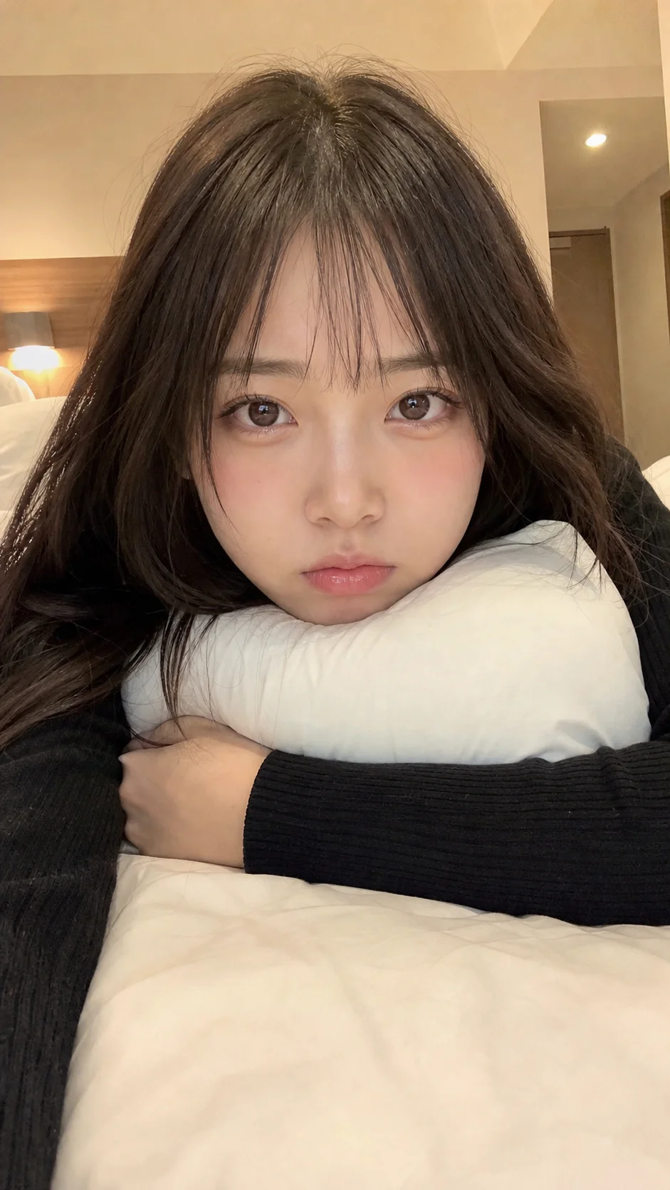 暖色のホテルベッドで白い枕を抱え、黒い長袖ニット姿でぷく顔をする成人日本人女性の自然なセルフィー