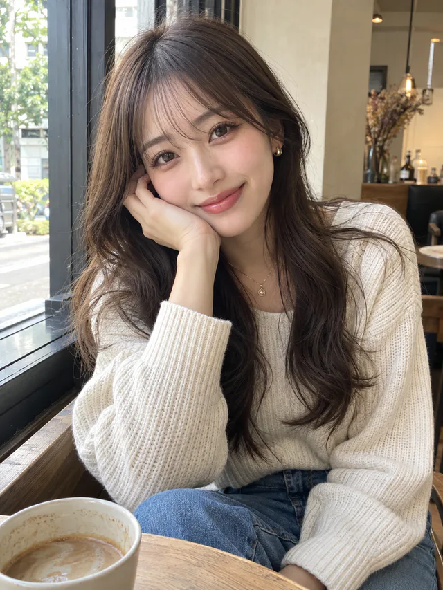 カフェの窓辺で、アイボリーのニットとデニムを着た長い暗髪の女性が頬杖をついて微笑んでいる。