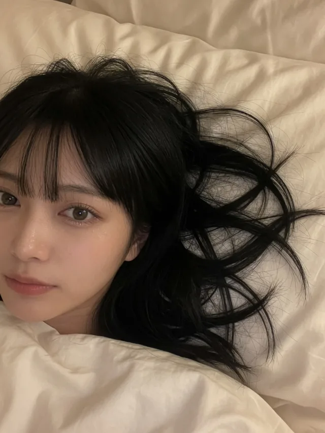 白いベッドで超近距離自撮りする黒髪の日本人女性