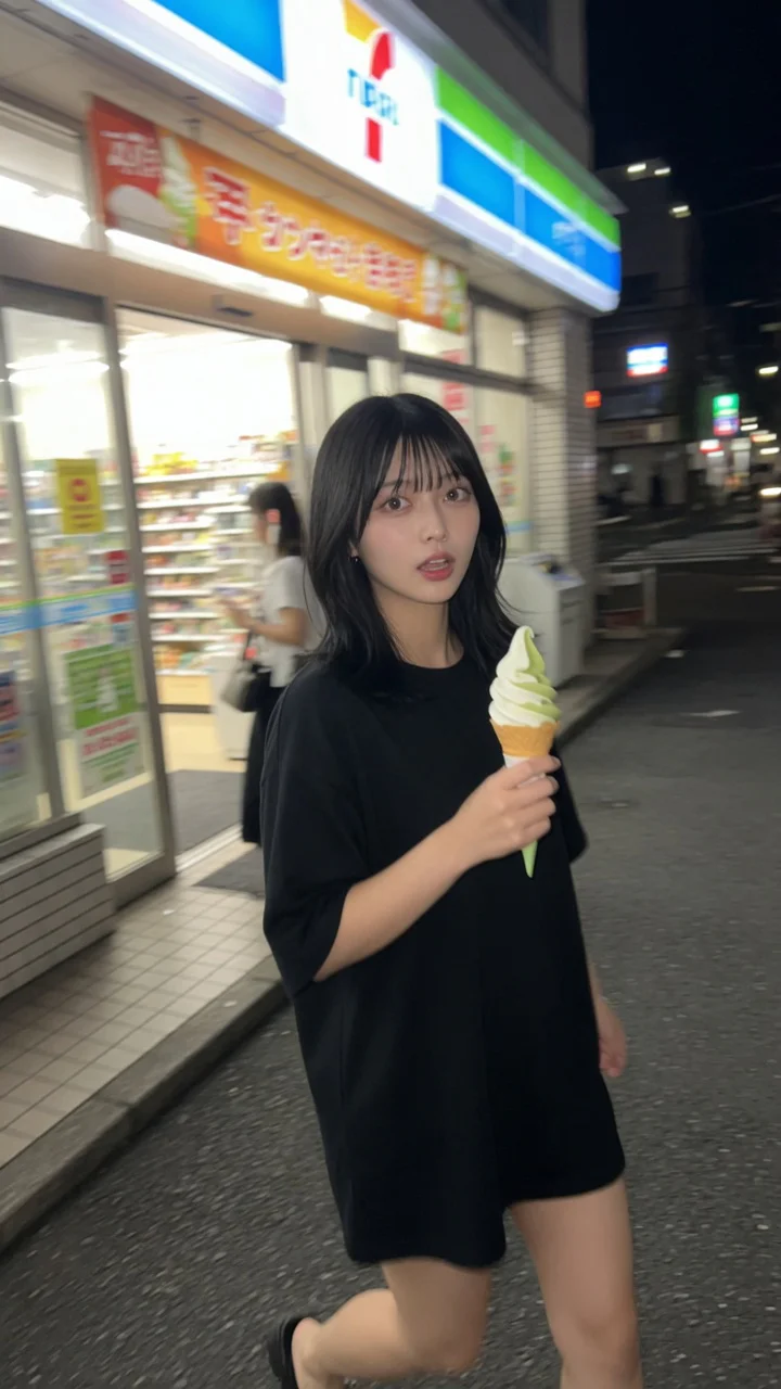 夜のコンビニ前を歩きながらソフトクリームを持つ黒髪の日本人女性
