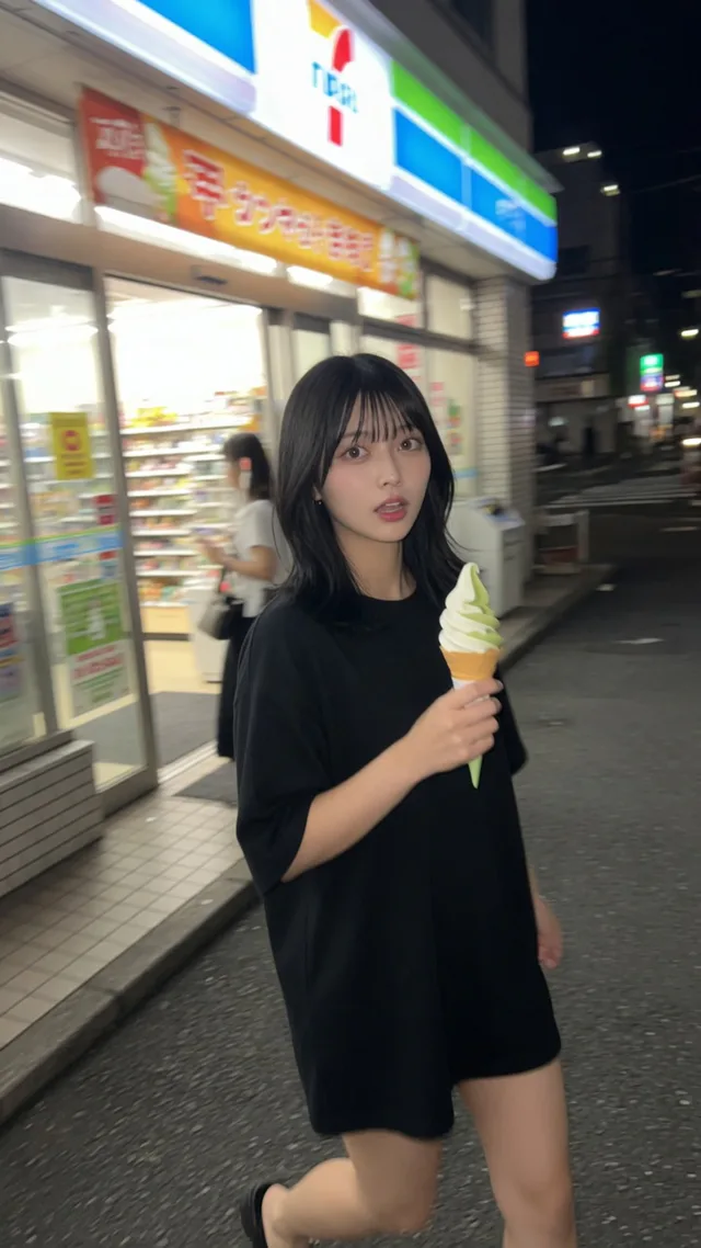 夜のコンビニ前を歩きながらソフトクリームを持つ黒髪の日本人女性