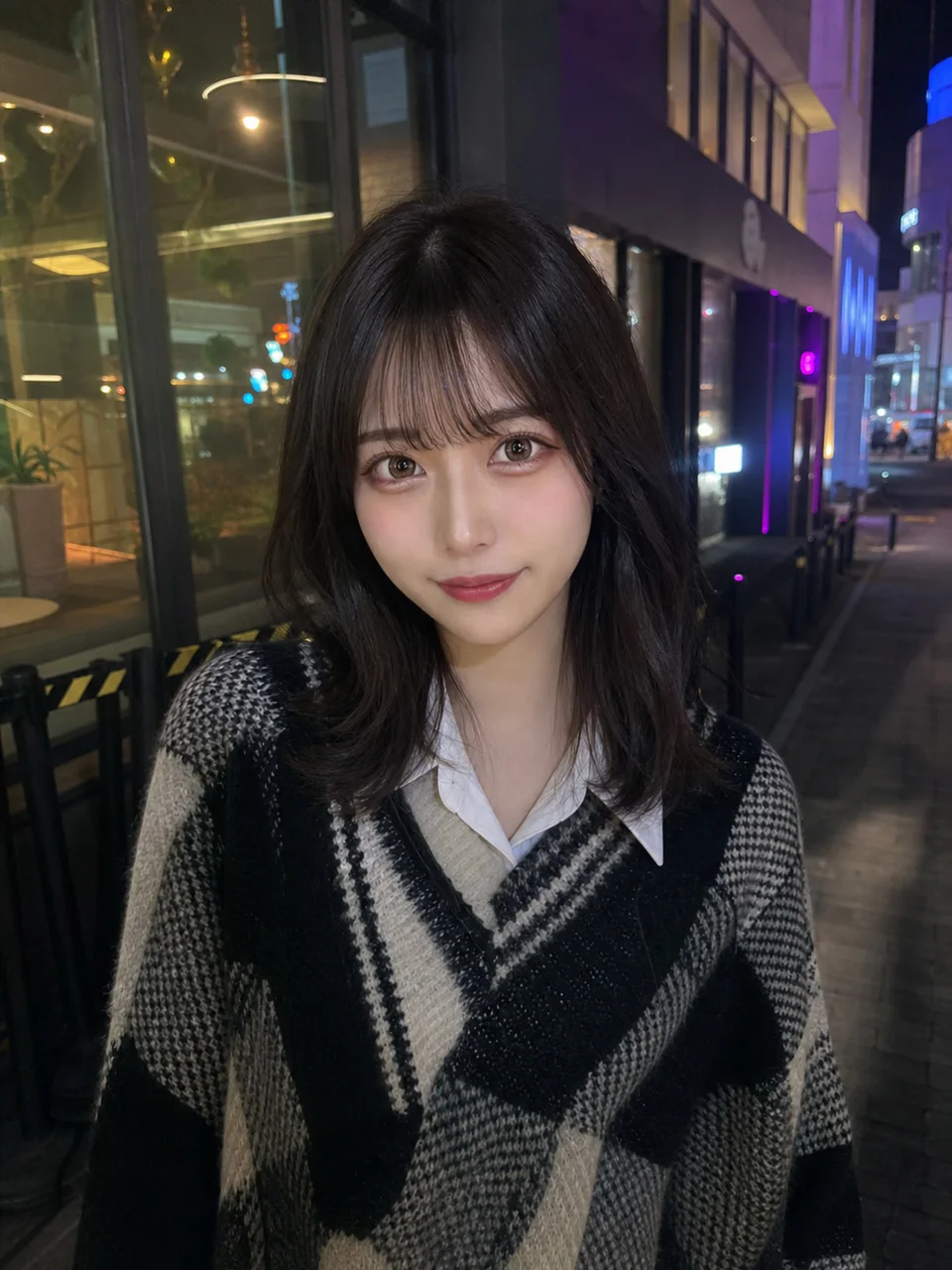 夜のカフェ前でチェック柄のニットポンチョを着た成人女性が正面を向いて微笑むAI生成のスマホ写真