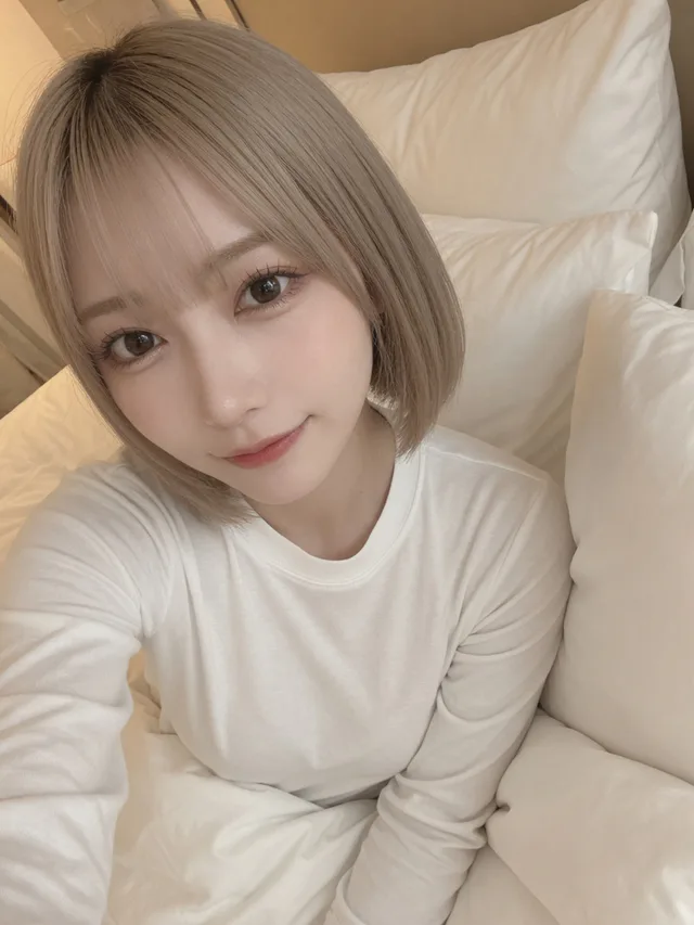 白いベッドで超近距離自撮りするショートボブの日本人女性