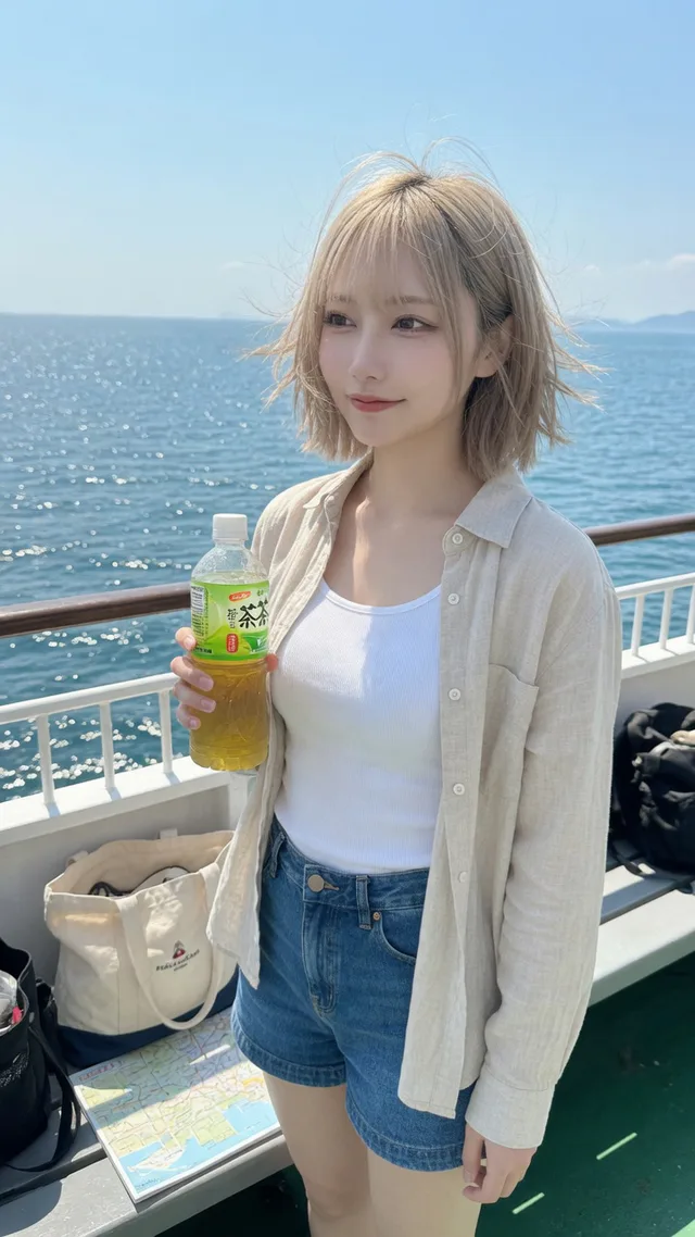 フェリー甲板でペットボトルを持つ砂色ボブの日本人女性。海と青空